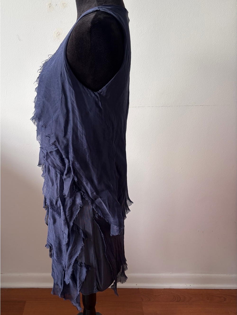 Made in Italy 100% Silk Tiered Ruffle Dress Navy Blue Layered Raw Edge Mini - Picture 3 of 10